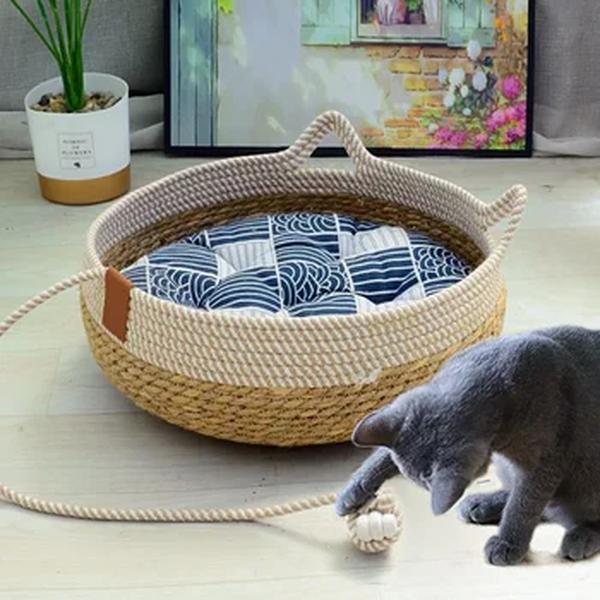 Rattan tecido gato cama com estofos removíveis, resistente ao desgaste dormir casa, piso zero, lavável pet fornecimentos, verão, 35