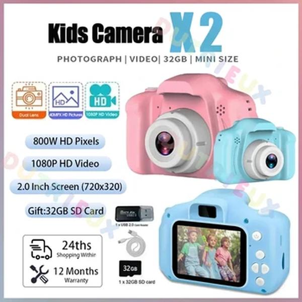 Mini câmera digital vintage para crianças, brinquedos educativos, projeção, vídeo, fotografia ao ar livre, brindes para crianças, 32GB, X2