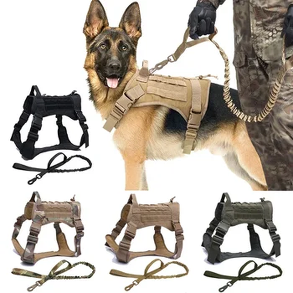 Conjunto Coleira de Cachorro com Trela e Arnês, Estilo Tático Militar Ajustável, Arnês de Pastor Alemão para Cães Grandes, Caminhada e Treinamento