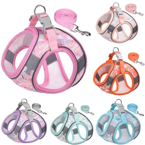 Conjunto respirável de arnês e trela para cães, colete reflexivo para cachorros e gatinhos para cães pequenos e médios e gatos, chihuahua walking lead