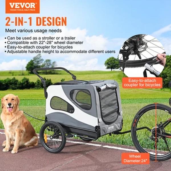 VEVOR-Dog Bike Trailer, carrinho de carrinho de estimação, fácil suporte de bicicleta dobrável com acoplador, refletores, bandeira para cães, 2 em 1, 100 lbs