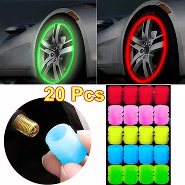 Luminous Car Tire Valve Cap, Noite fluorescente brilhante Decoração, Motocicleta Bike Roda Bico, Dustproof pneu, Stem Caps, 1-20pcs