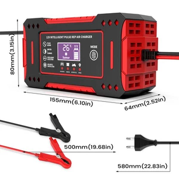 Carregador de bateria inteligente do carro e da motocicleta, unidade de carregamento, reparo de bateria acidificado ao chumbo, exposição do LCD, 6A, 12V