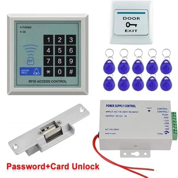 RFID Keypad Card Reader Kit, Sistema de Controle de Acesso, Fonte De Alimentação, Botão De Saída, 10Pcs Keyfobs sem Bloqueio