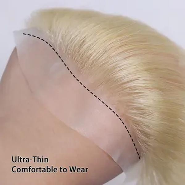 Toupee de pele ultra fina para homens, linha frontal frontal em forma de testa V, prótese capilar masculina Peruk, loiro claro, #613