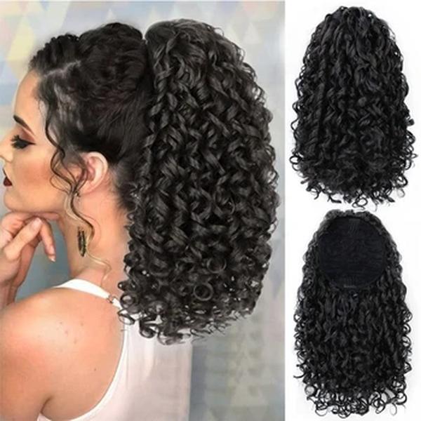 Cabelo Kinky Curly Ponytail para mulheres, cordão fofo curto, afro sintético natural, peruca falsa da cauda, 14"