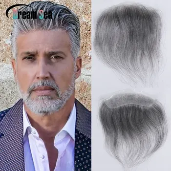 Peças de cabelo humano cinza para homens, toupee estilo V, linha fina frontal, pele ultra fina, prótese capilar PU completa, 0,06mm, 1B60