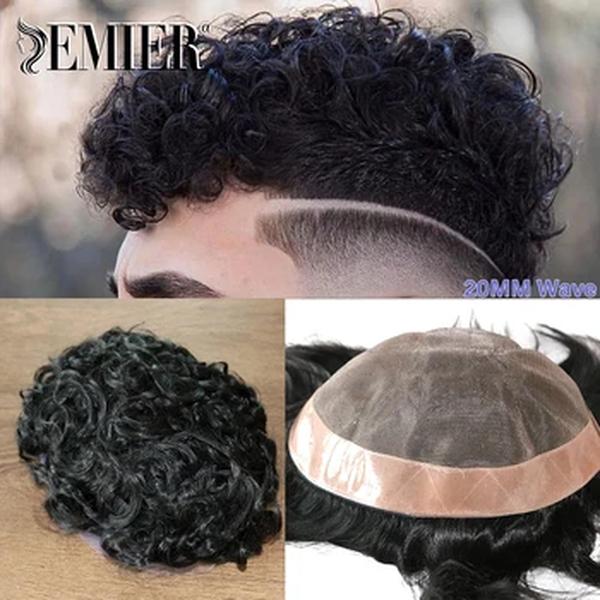 Peruca de cabelo remy com base NPU para homens, toupee mono fino, prótese capilar durável, sistema de substituição de cabelo humano, onda 20mm