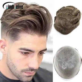 Peruca PU completa para homens, peruca de pele fina, peruca masculina, cabelo remy, sistema capilar de prótese capilar injeção 0.04mm onda 30mm 8x10