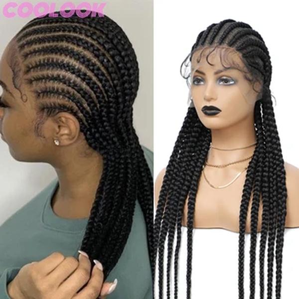 Preto Full Lace Front trançado peruca, sem nós, Natural Box Trança, peruca frontal com o cabelo do bebê, tranças sintéticas Cornrow, 36"