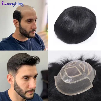 Peruca dianteira do laço para homens, prótese capilar 100% cabelo humano, peruca preta, peruca masculina, sistema de substituição, 6x8 pol