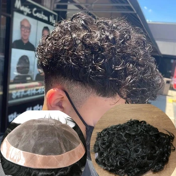 Super Durável Mono Cabelo Humano Perucas para Homens, Curly Toupee, Prótese Capilar Masculina, Unidade de Substituição do Cabelo Peças do Sistema, 20mm