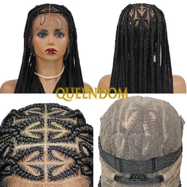 Queendom-Knotless Full Lace Trança Peruca para Mulheres, Jumbo Sintético, Coração Trançado, Cornrow Plait, Afro, 36"