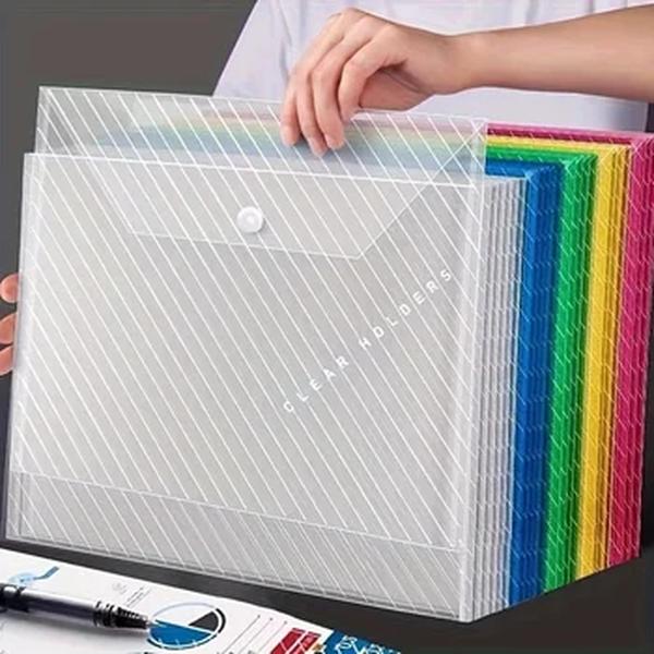 Saco transparente do armazenamento do documento para estudantes, A4 plástico, botão instantâneo, saco de dados, arquivo do escritório, 20 PCes