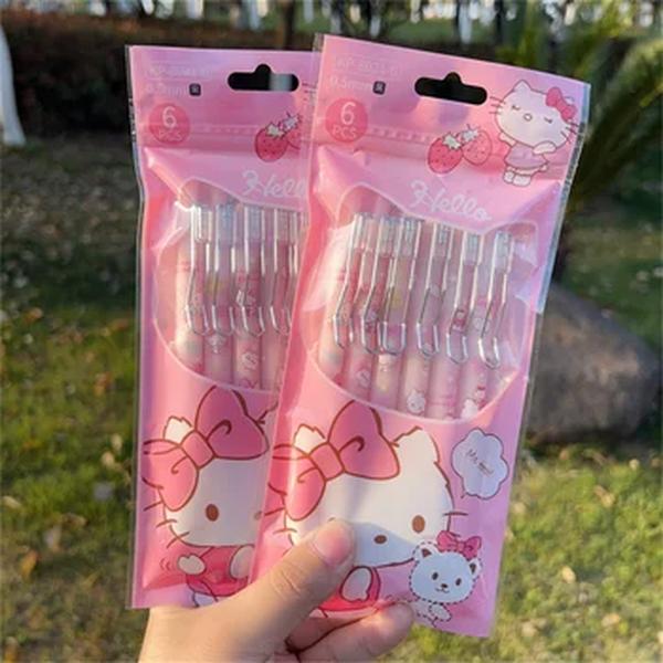 Sanrio Olá Kitty Gel Canetas, Black Writing Pen, Student Test Tool, Material de Escritório, Presentes Meninas, Bonito, 0.5mm, 4 Pcs, 6Pcs