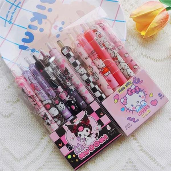 Sanrio Kuromi Kitty Gel Canetas Set, Escritório Escola Escrita Suprimentos, Papelaria Estudante para Crianças, Presentes Meninas, 0.5mm, 6Pcs por Conjunto