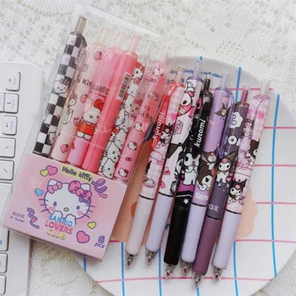 Sanrio Kuromi Kitty Gel Canetas Set, Escritório Escola Escrita Suprimentos, Papelaria Estudante para Crianças, Presentes Meninas, 0.5mm, 6Pcs por Conjunto