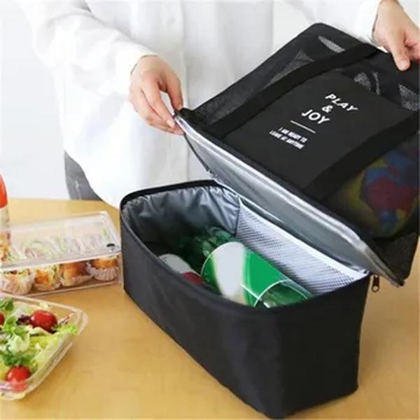 Grande bolsa de malha transparente de camada dupla para mulheres, alta capacidade, preservação de calor, piquenique, praia, bolsa, escritório, almoço, lanches, bolsa