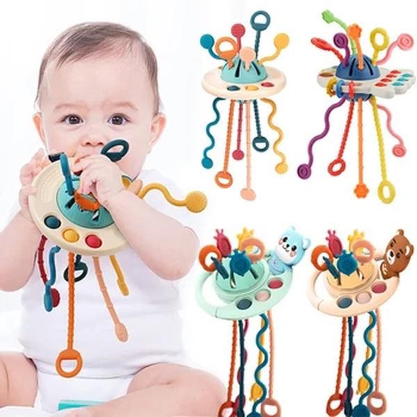 Desenvolvimento De Silicone Chocalho Teether Brinquedos, Montessori, Puxar Cordas Jogos, 1 Ano Brinquedos De Dentição Para Bebês, 6 12 Meses