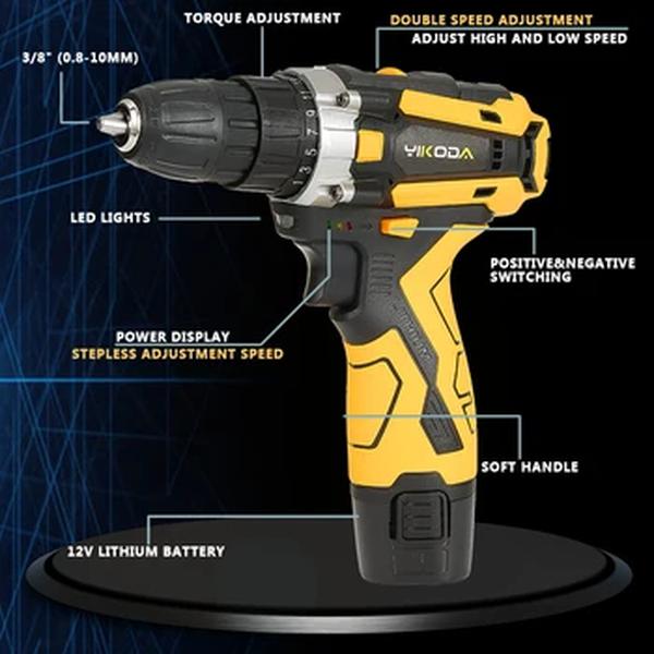 Yikoda-Furadeira Elétrica Recarregável Sem Fio, Chave de Fenda Multifunções, Ferramentas Elétricas Domésticas, Bateria de Lítio, 2 Velocidades, 12, 16.8, 21V