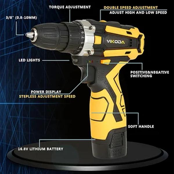 Yikoda-Furadeira Elétrica Recarregável Sem Fio, Chave de Fenda Multifunções, Ferramentas Elétricas Domésticas, Bateria de Lítio, 2 Velocidades, 12, 16.8, 21V