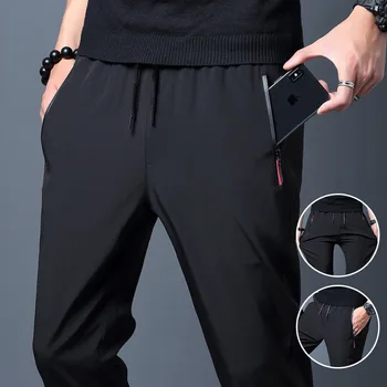 Calça corrida de secagem rápida masculina com bolsos de zíper, calça casual, calça esportiva de jogging, fina, 2024