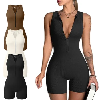 Macacão esportivo com zíper frontal feminino, sem mangas, ioga, corrida, ciclismo, roupas sexy sem costura, moda