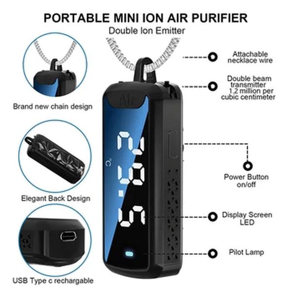 Negative Ion Hanging Neck Air Purifier, 120 Million, Personal, Wearable, Mini, Portable, Medição de temperatura