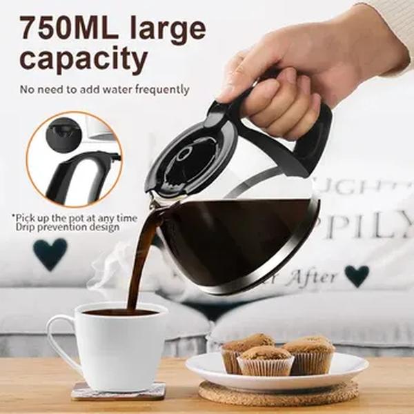 Máquina De Cafeteira Elétrica Com Garrafa De Vidro, Mantenha A Função Quente, Uma Operação De Botão, Preto, 750ml, 6 Copos