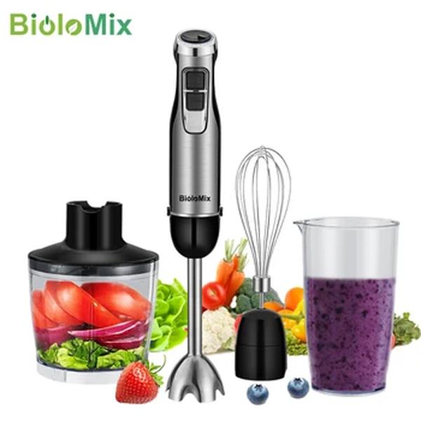 Biolomix-Misturador De Imersão Elétrica Com Lâminas De Gelo De Aço Inoxidável, Moedor E Copo, 4 Em 1, 1200W