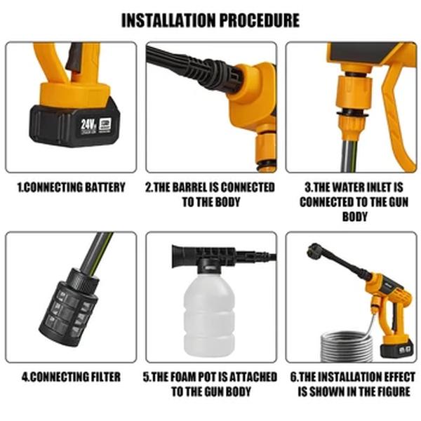 Lavadora elétrica sem cordas de alta pressão, 26Bar, 6 em 1, Ferramentas de lavagem de carro, Pistola de água de jardim
