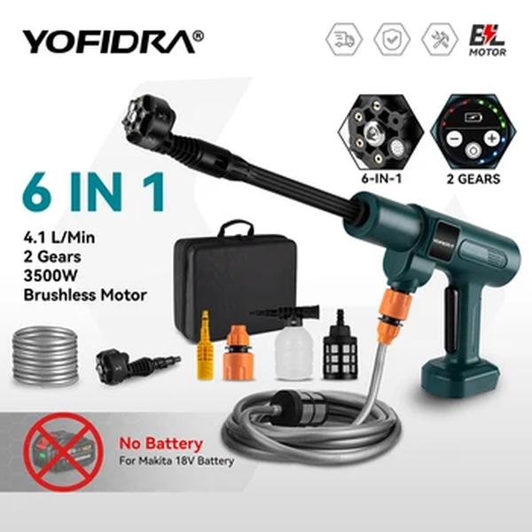 YOFIDRA-Arma de água lavadora elétrica de alta pressão, lavadora de carros sem fio, limpeza do jardim, sem escova, Makita 18V bateria, 6in 1, 200Bar