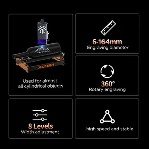 Rolo rotativo a laser ACMER M3, rolo de eixo rotativo de 360 °, gravação para 95% das máquinas de gravação a laser no mercado LightBurn GRBL