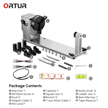 ORTUR-CNC Rolo rotativo com mandril, máquinas de gravação a laser, base flip horizontal, rotação 360, 180 horizontal, YRC1.0