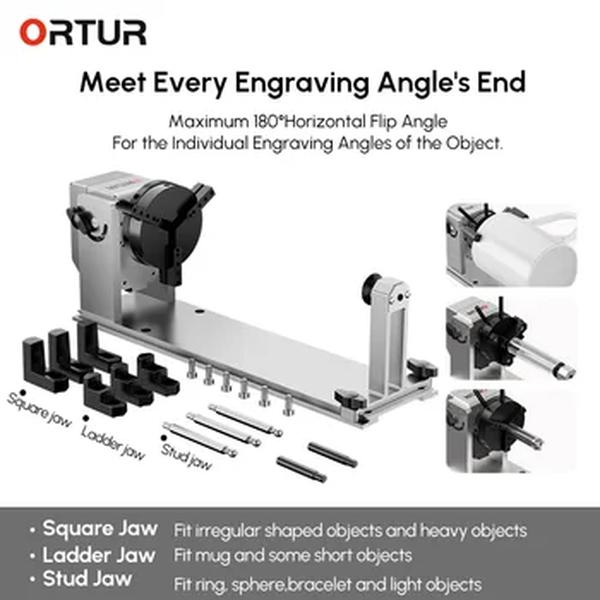 ORTUR-CNC Rolo rotativo com mandril, máquinas de gravação a laser, base flip horizontal, rotação 360, 180 horizontal, YRC1.0