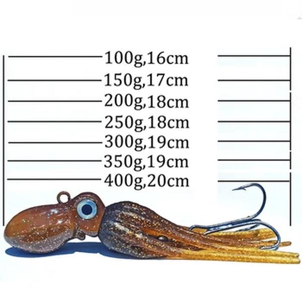 Glow Trolling Fishing Lure, Cabeça de Cobre, Polvo Squid Skirt Isca com Gancho, Big Game Drag, 100g, 150g, 200g, 250g, 300g, 350g, 400g, 1PC