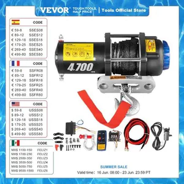 VEVOR-Caminhão Elétrico Guincho, Corda Sintética, Impermeável, ATV, UTV, Controle Remoto Sem Fio, 12V, 4500LBS