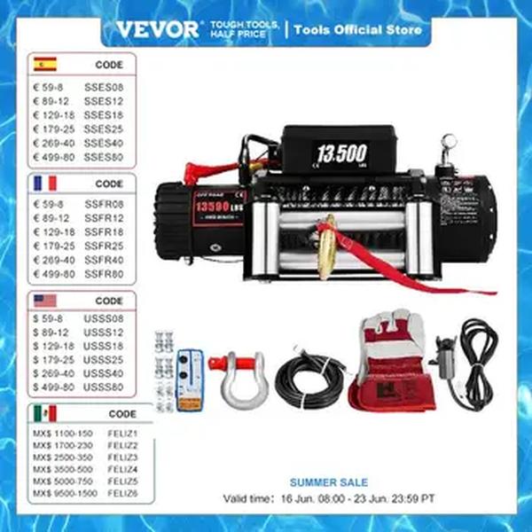 VEVOR-Guincho Elétrico Recuperação Sem Fio, Guincho Corda de Aço, 4-Way Gear Train, 12V, 13500Lb, 6125Kg