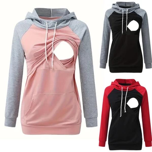 Manga longa feminina enfermagem Hoodie, moletom maternidade, roupa de bolso canguru, top gravidez amamentação