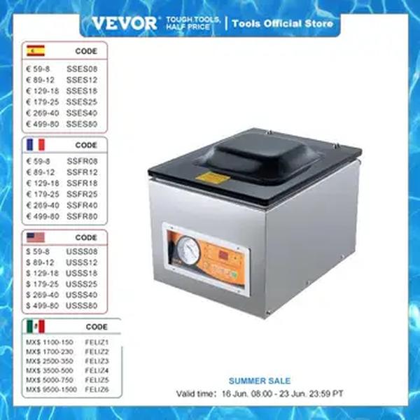 VEVOR-Câmara Vacuum Sealer, Máquina de Embalagem, DZ-260S, 10.2 "Comprimento De Vedação, Adequado Para Alimentos Húmidos e Carnes, Casa E Cozinha Uso, 260W