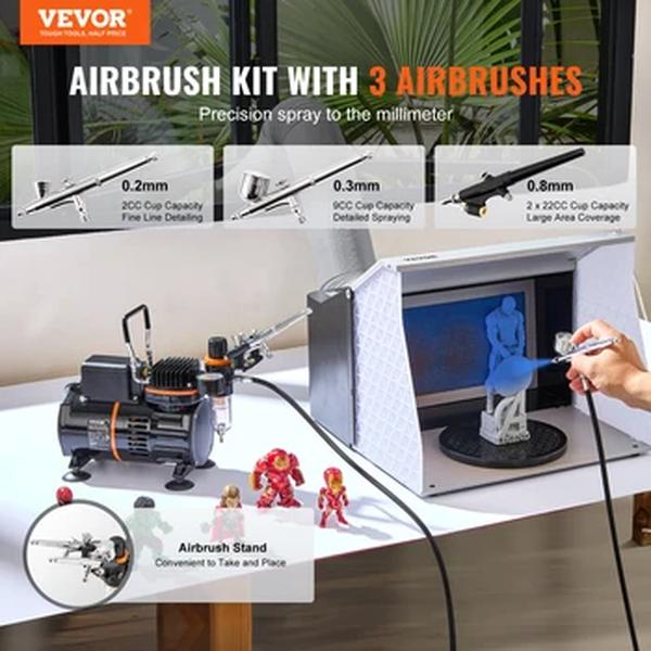 Kit de aerógrafo VEVOR, kit de sistema de aerógrafo profissional com compressor de ar de ventilador duplo com aerógrafos conjunto de escova de limpeza de roda de mistura