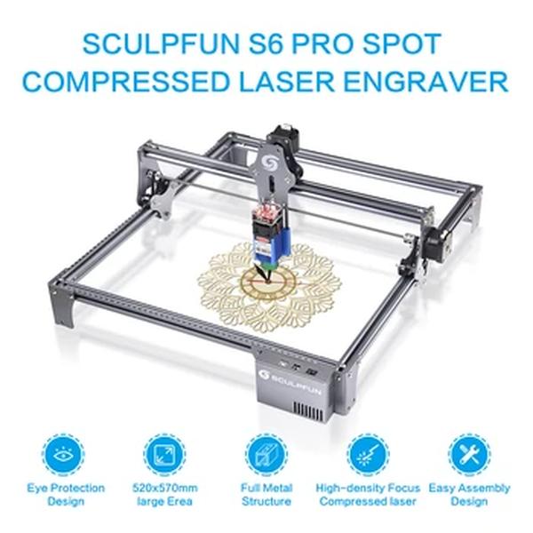 Máquina de Gravação a Laser SCULPFUN, Foco Ultrafino, Alta Precisão, Madeira Acrílica, Gravador CNC, Compressão Spot, S6 Pro, 60W