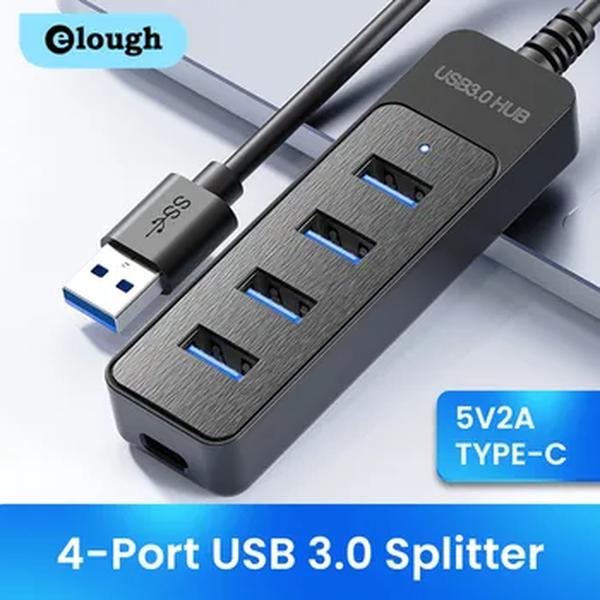 Elough-alta velocidade multi divisor para computador PC, adaptador de energia, USB 2.0 expansor, 4 portas, tipo C, USB 3.0