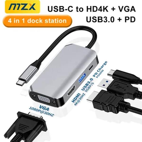 MZX Docking Station, USB 3 0 Hub, Compatível com HDMI, VGA Splitter, Adaptador de Extensão, Tipo C Dock, Laptop, PC, Acessórios de Computador, 4 em 1