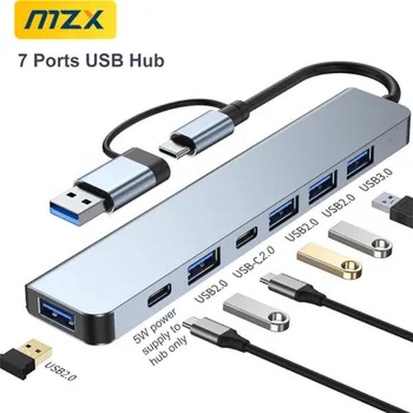 MZX-USB A C Hub Concentrador, 7 portas, Tipo USB Multi Adapter, Multi-Hub Dock, Splitter, Laptop, PC, Computador, Acessórios de Extensão, 3.0, 2.0