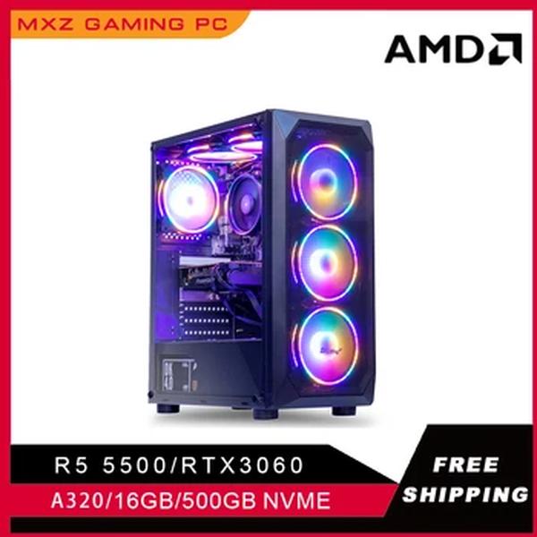 MXZ-Gaming PC Ryzen 5 5500 RTX3060, 500GB NVME, Windows10 Pro Key Computador Desktop, Unidade do Sistema PC, Personalizar PC Gamer Computador