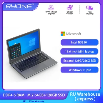 BYONE-11.6 Polegada Mini Laptop, Intel N3350, Laptops baratos, 6GB de RAM, 64GB, SSD, estudante, escritório, portátil, netbook com WiFi, Bluetooth