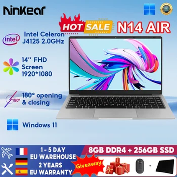 Ninkear-N14 Air Laptop, 14 ", Tela IPS FHD, Processador Intel Celeron J4125, 8GB DDR4 + 256GB SSD, Windows 11, Escritório e Estudo