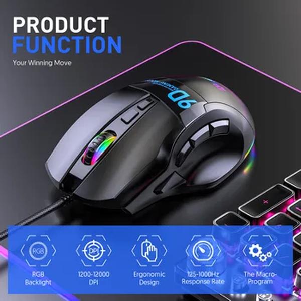 Macro RGB Gaming Mouse, 12000DPI, 9 Teclas Programáveis, RGB Light, Max a 6 Níveis para PC, Mac Gun, PUBG, Laptop