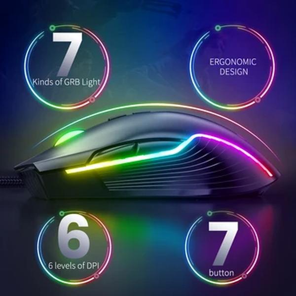 ONIKUMA-Mouse Gamer Wired, 6 Níveis Ajustáveis, 6400 DPI, 7 Botões Programáveis, 7 Modos de Iluminação RGB, Ratos Ergonômicos para PC Gamer